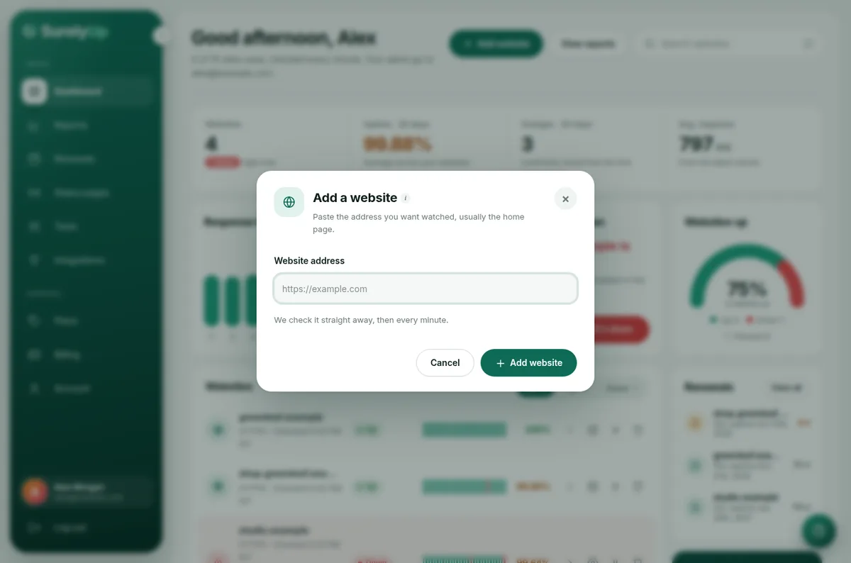 The Add a website window on the dashboard