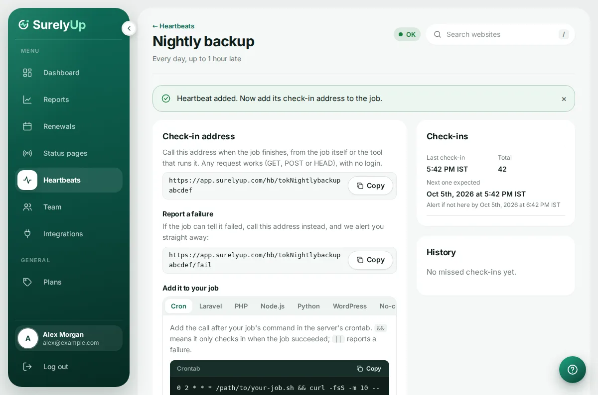 A heartbeat's page with its check-in address and setup steps
