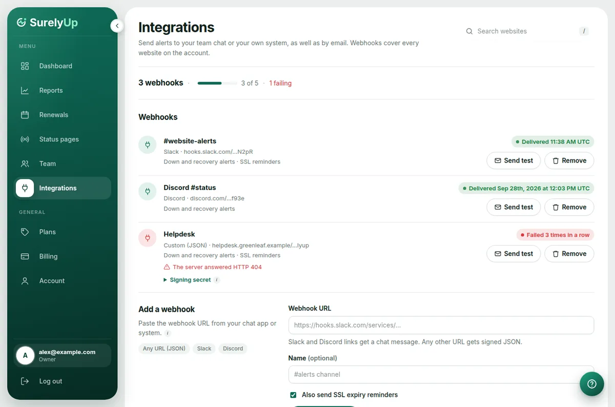 The Integrations page with a Slack webhook delivered and a form to add another