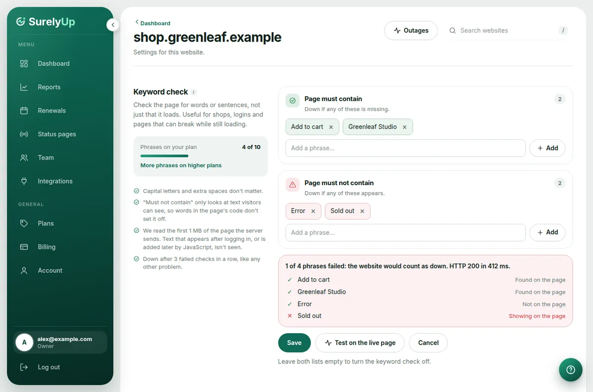 A website's settings with phrases the page must contain and must not contain, and a live test