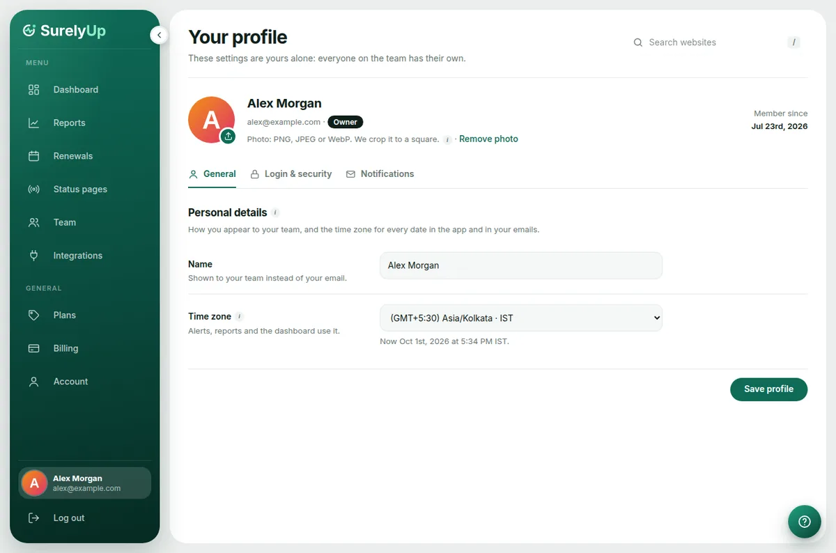 Your profile with personal details and tabs for security and notifications